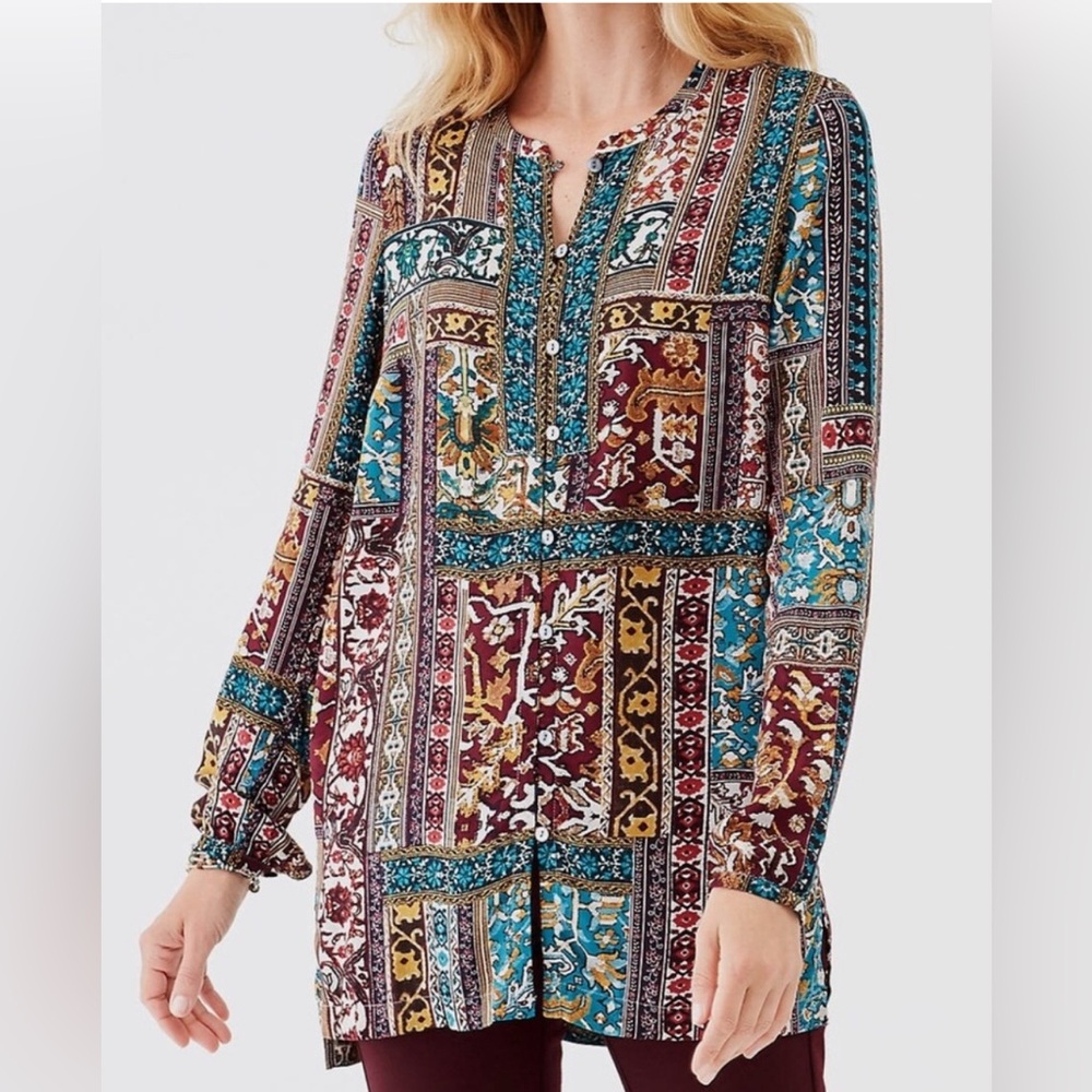 J. Jill Women bohemian Long Sleeve Patchwork Eclectic Tunic Shirt Blouse Top S